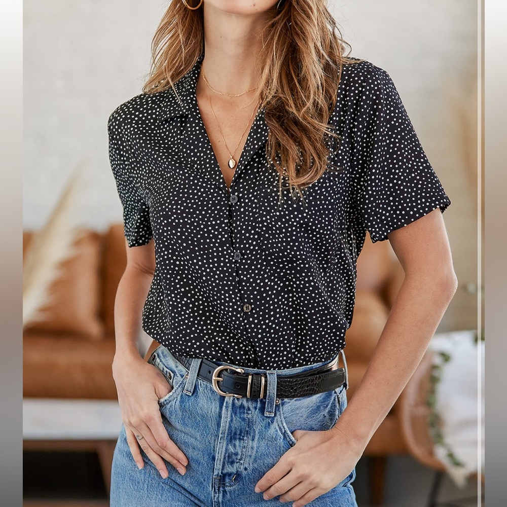 Lulus - Black Polka Dot Button-Up Top